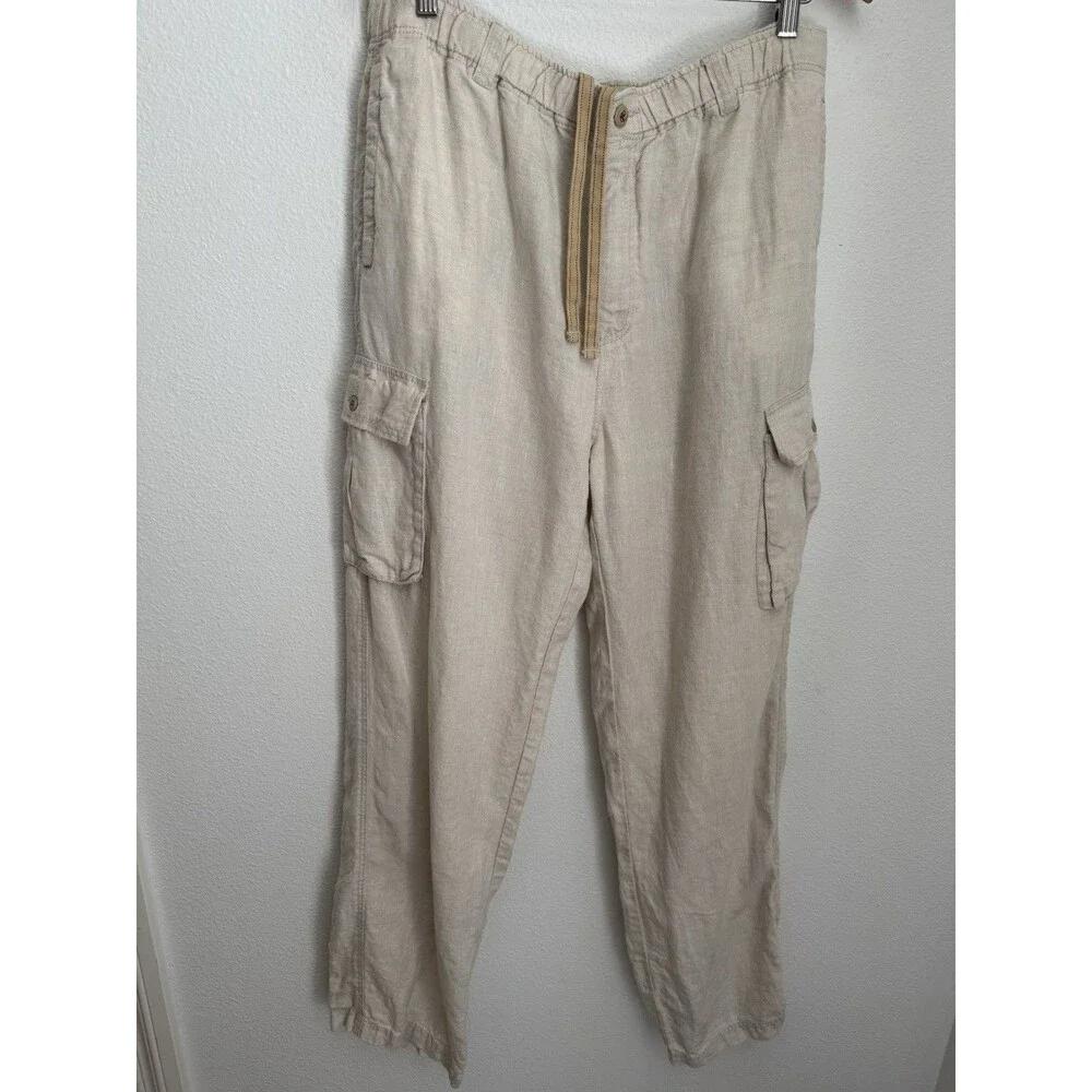Men’s Tommy Bahama Relax 100% Linen Drawstring Cargo Beige Pants Size L 34x33